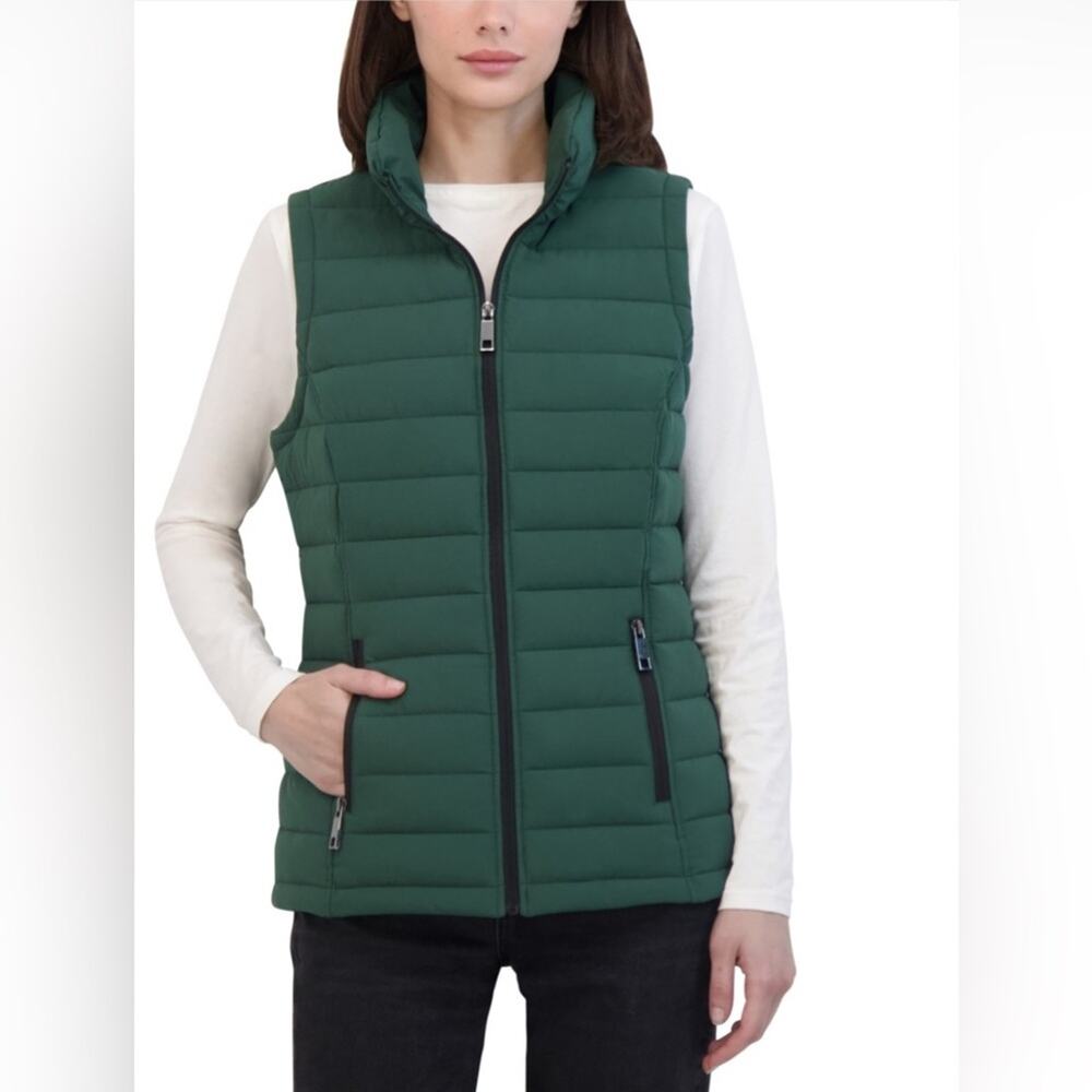 Nautica Women's Stand-Collar Zip-Front Puffer Vest in Verde Green. Size L